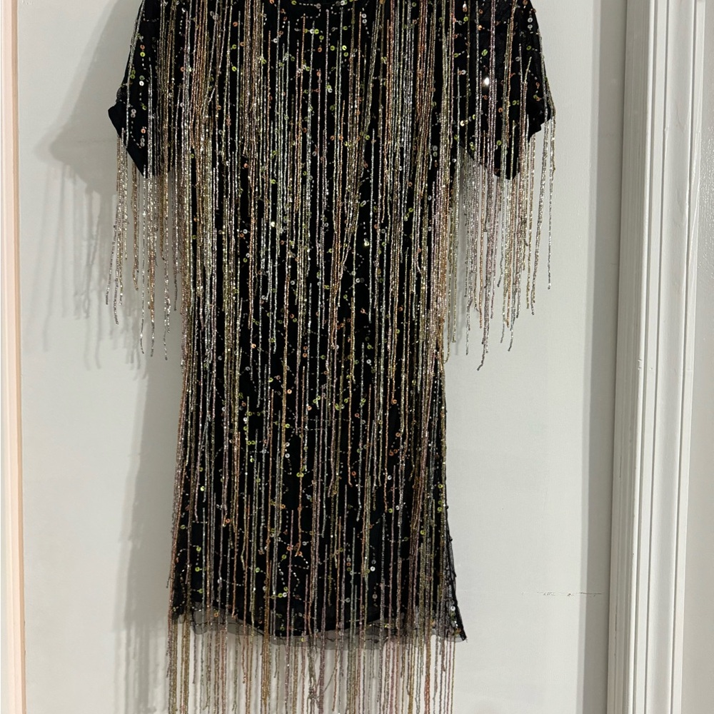 Tassel beaded shift mini dress